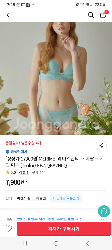 에블린 MERIME 민트 레이스 노라인팬티 90~95M--0