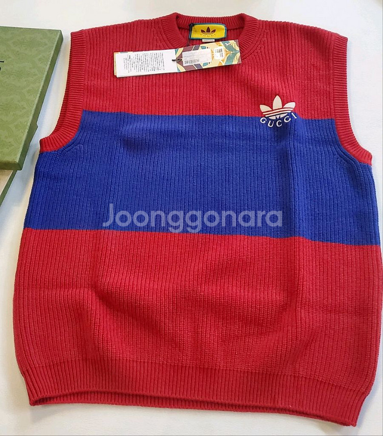 구찌 아디다스 니트 베스트 조끼 남녀공용 네이비 레드--1