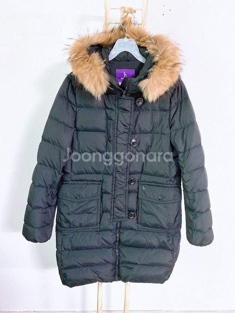 (여성95)헤지스거위털너구리털블랙후드하프패딩--0