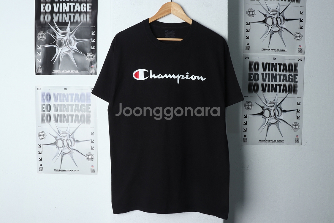 (L-XL) 챔피온 반팔 티셔츠 블랙 로고 올드스쿨--1