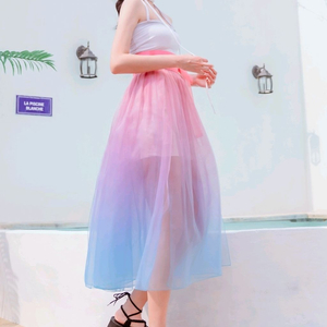 한복 두겹 갈래허리치마 핑크블루