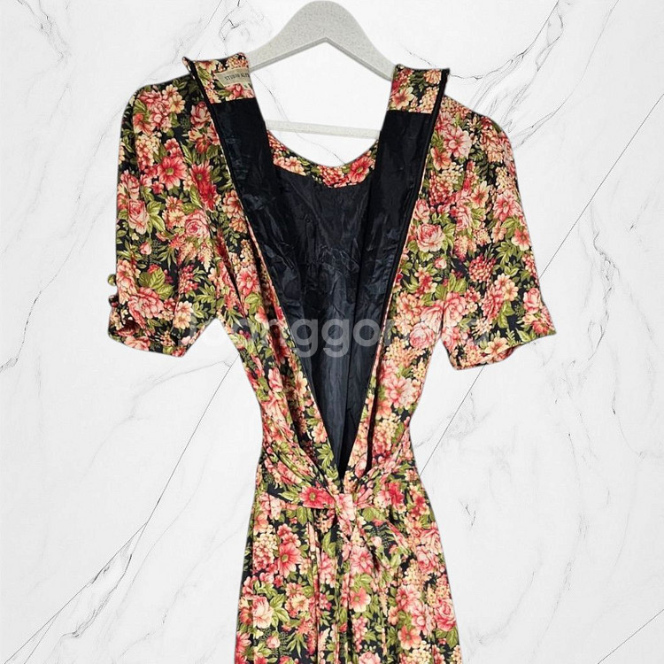 일본빈티지 플로럴 핑크 분홍 퍼프소매 빈티지 롱 원피스--4