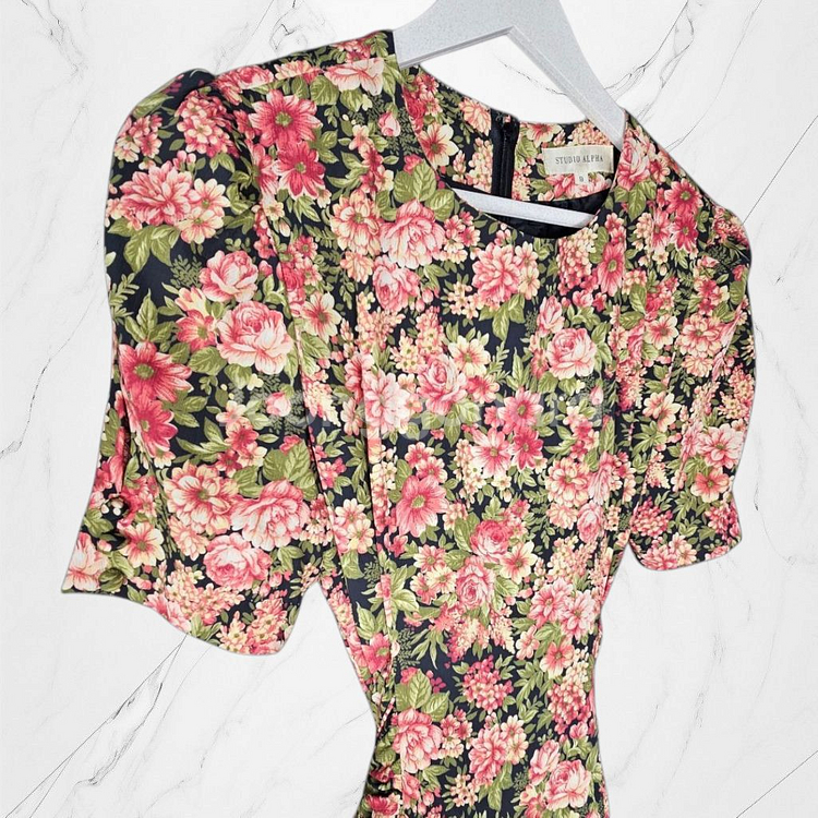 일본빈티지 플로럴 핑크 분홍 퍼프소매 빈티지 롱 원피스--1