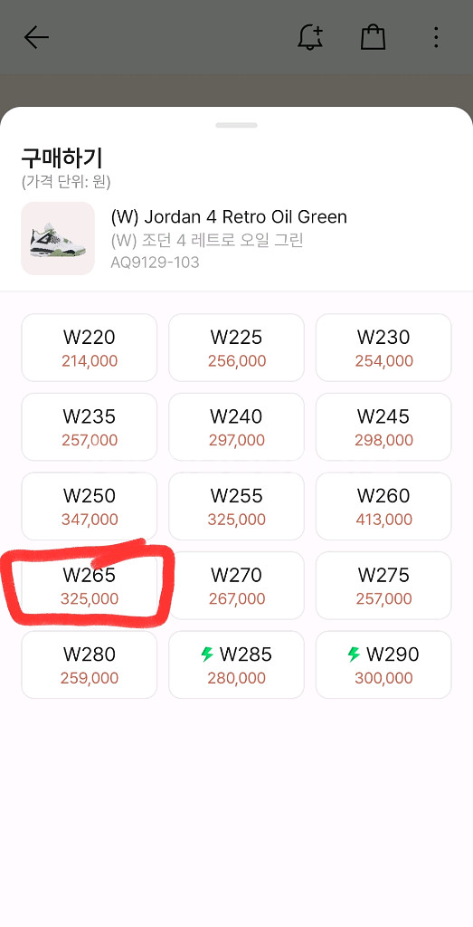 조던4 오일 그린 W265 사이즈--5