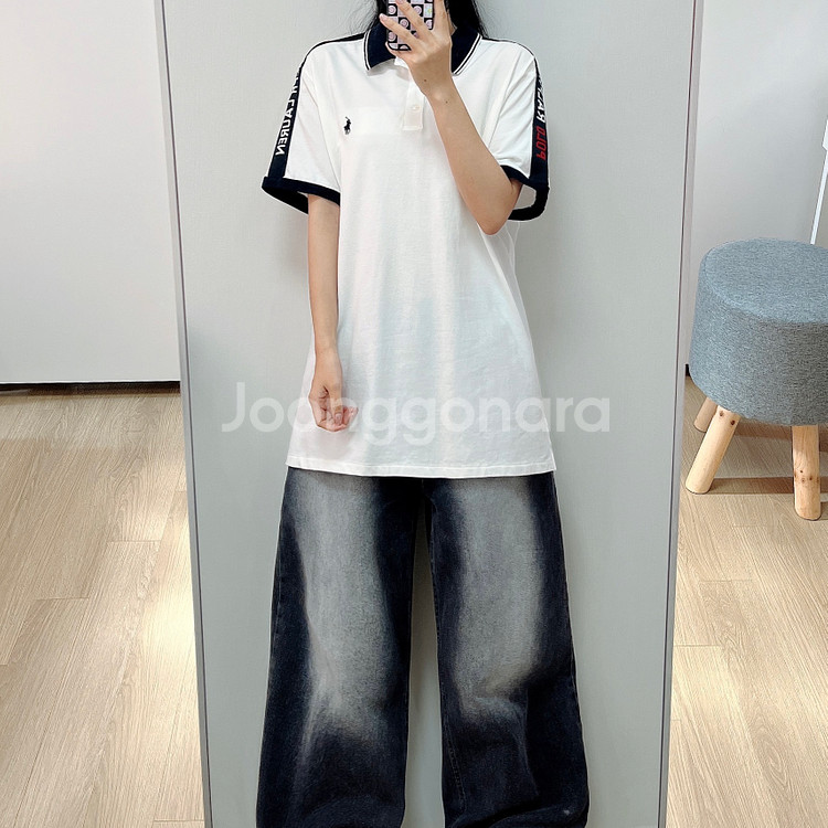 폴로 랄프로렌 사이드라인 로고 화이트 카라 반팔 티셔츠--0