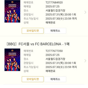fc서울 vs fc바르셀로나 2등석 B 2매 판매합니다