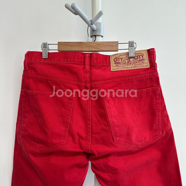 베이프 스타 자수 레드 하프 데님 팬츠--4