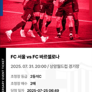 FC서울vsFC바르셀로나 직관 티켓 2등석c 2매