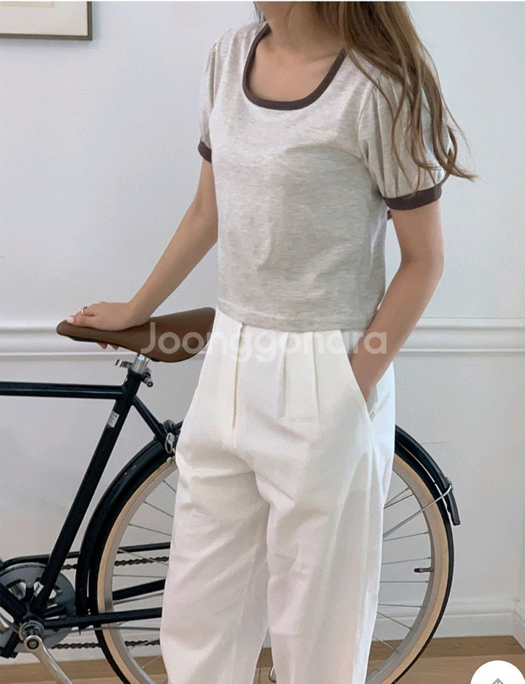 퍼프 오트밀&브라운 반팔 티셔츠--1