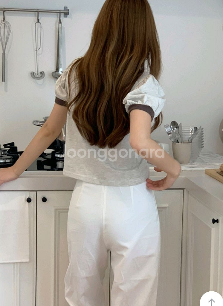 퍼프 오트밀&브라운 반팔 티셔츠--6