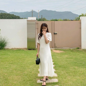 화이트 린넨 반팔 롱원피스