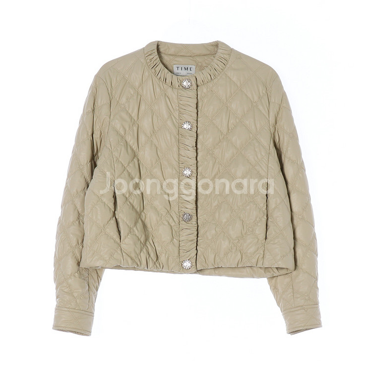 [S]타임 레더 퀼팅 패딩 노카라 숏 점퍼 재킷 가죽--0