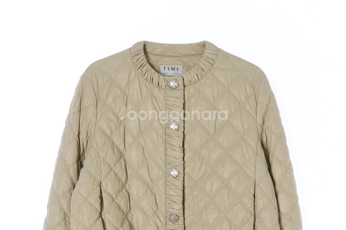 [S]타임 레더 퀼팅 패딩 노카라 숏 점퍼 재킷 가죽--1