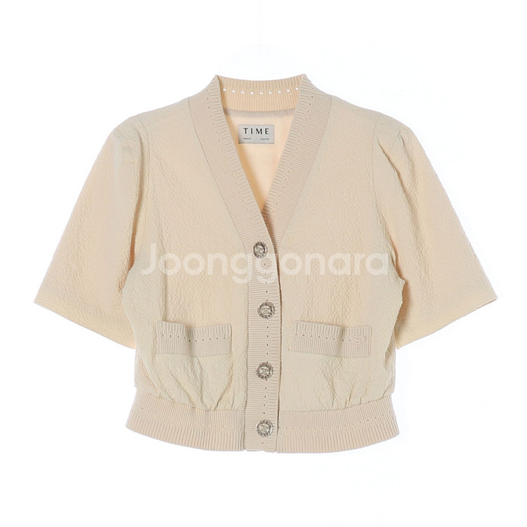 [S]타임 린넨블렌드 베이지 브이넥 퍼프소매 반팔 가디--0