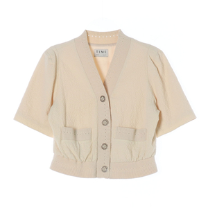 [S]타임 린넨블렌드 베이지 브이넥 퍼프소매 반팔 가디