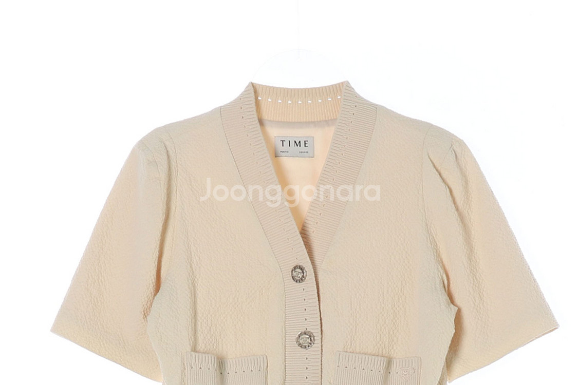 [S]타임 린넨블렌드 베이지 브이넥 퍼프소매 반팔 가디--1