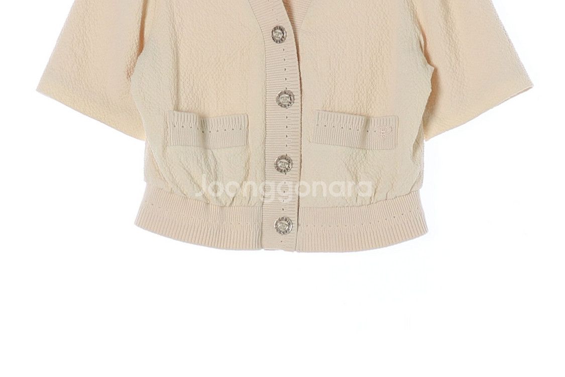 [S]타임 린넨블렌드 베이지 브이넥 퍼프소매 반팔 가디--2