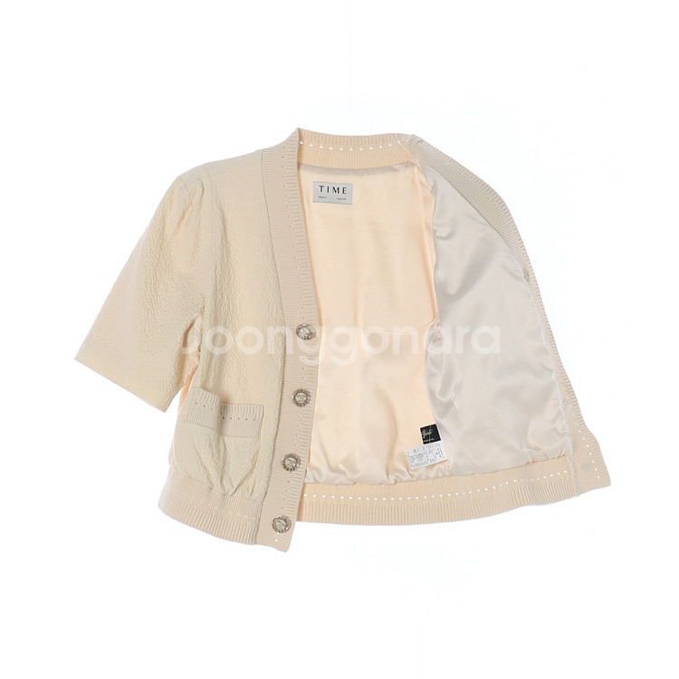 [S]타임 린넨블렌드 베이지 브이넥 퍼프소매 반팔 가디--3