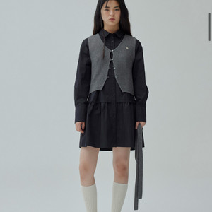 커버낫 우먼 셔링 셔츠 미니 원피스 블랙