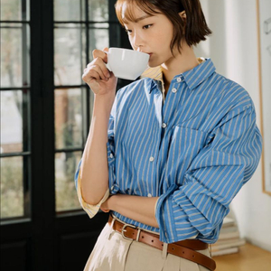 빈폴 포플린 스트라이프 오버핏 셔츠 블루