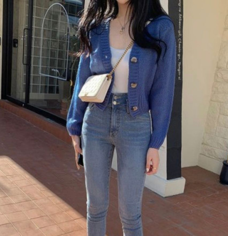 세컨에디션 파우터크롭 크롭 니트 가디건 블루--1