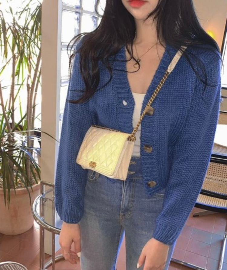 세컨에디션 파우터크롭 크롭 니트 가디건 블루--2