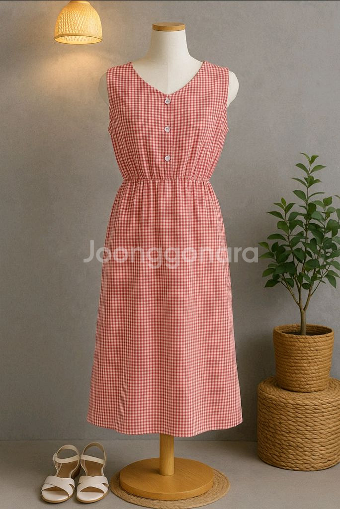 THE IzzAT 레드 깅엄체크 롱원피스 (린넨혼방)--1