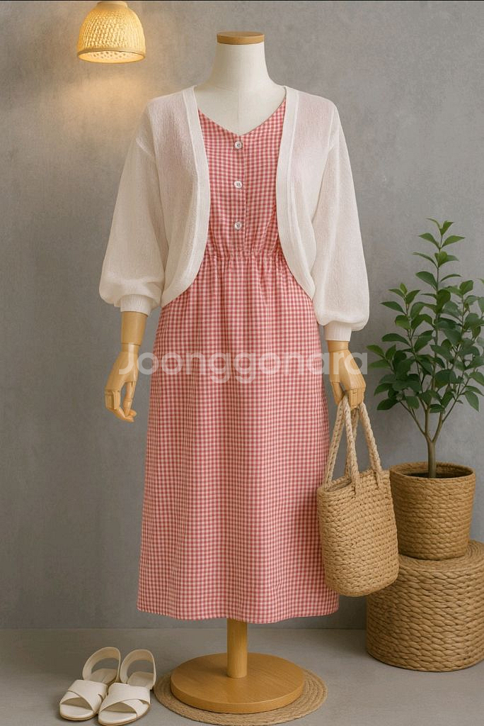 THE IzzAT 레드 깅엄체크 롱원피스 (린넨혼방)--0