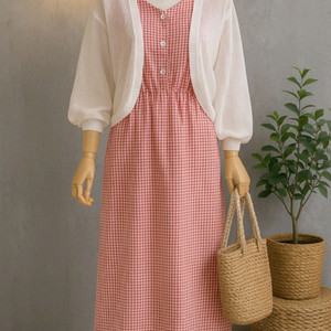 THE IzzAT 레드 깅엄체크 롱원피스 (린넨혼방)