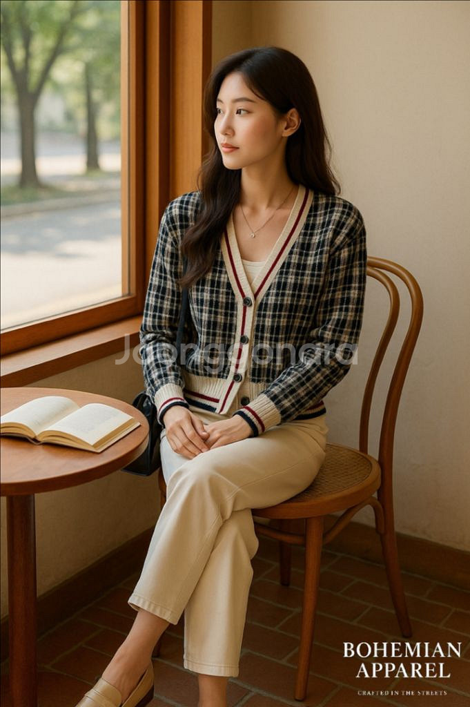 [여자 FREE]스튜디오톰보이 브이넥 체크 가디건--8