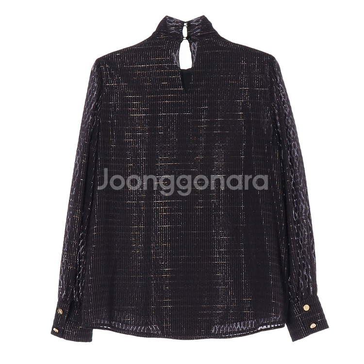 [S]모조에스핀 블랙 금사 골드버튼 스카프 더블 블라우--3