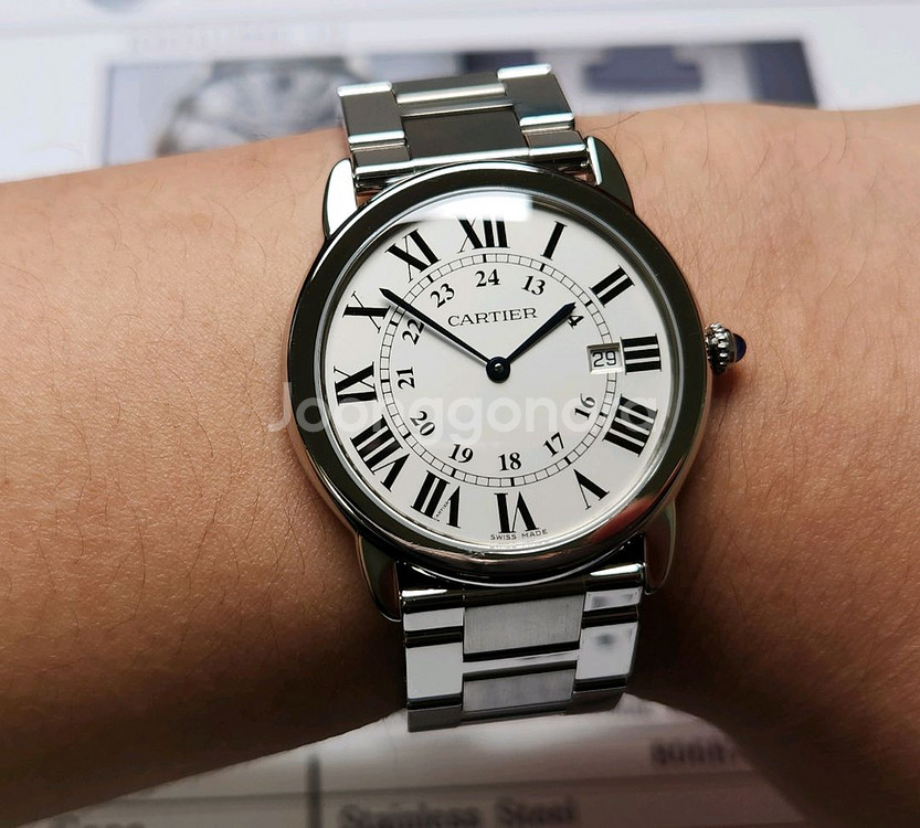 까르띠에 롱드솔로 실버로만 36mm 블루핸즈 쿼츠 브레--3