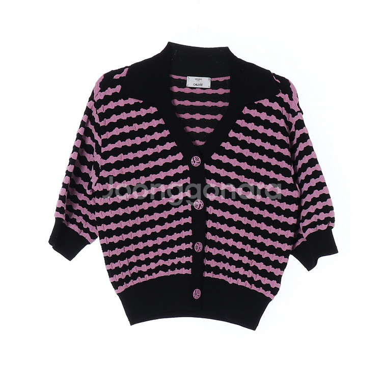 [M]오브제 핑크 스트라이프 반팔 카라 니트 가디건 셋--0