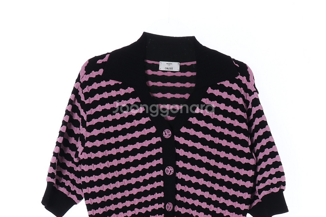 [M]오브제 핑크 스트라이프 반팔 카라 니트 가디건 셋--1