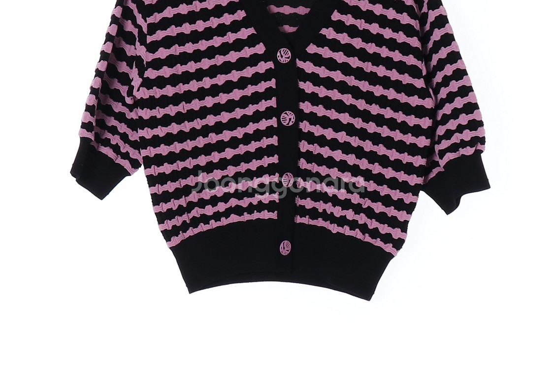 [M]오브제 핑크 스트라이프 반팔 카라 니트 가디건 셋--2