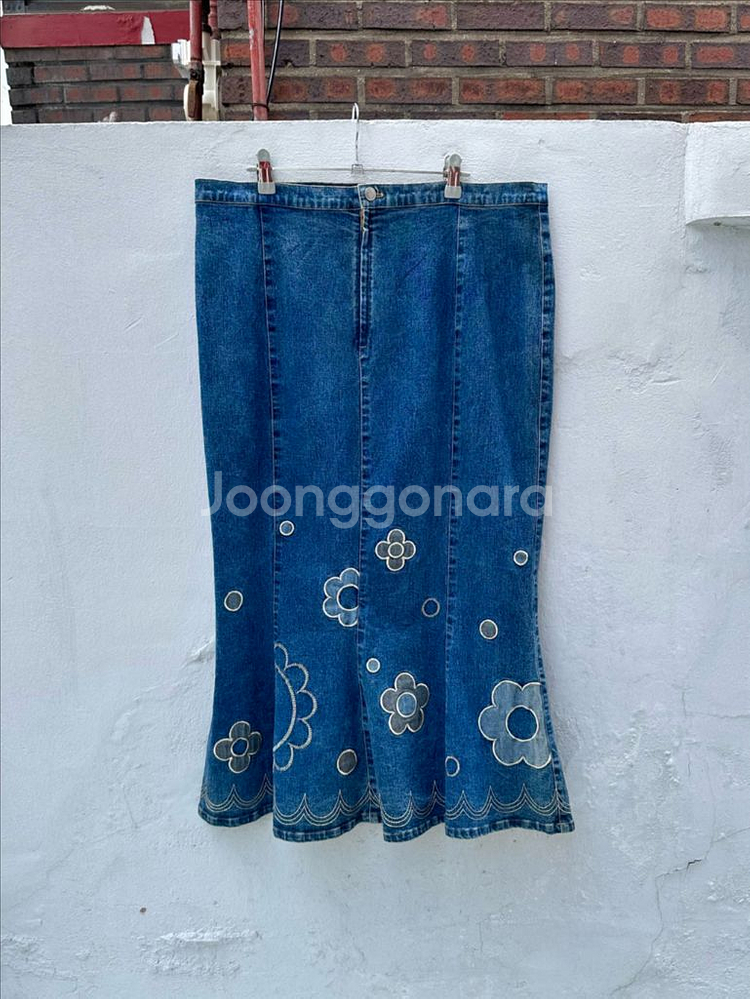일본빈티지 플라워 자수 머메이드 데님 롱 스커트 치마--0
