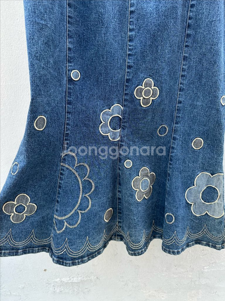 일본빈티지 플라워 자수 머메이드 데님 롱 스커트 치마--2