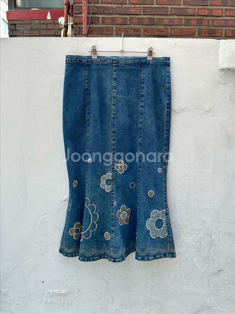 일본빈티지 플라워 자수 머메이드 데님 롱 스커트 치마--1