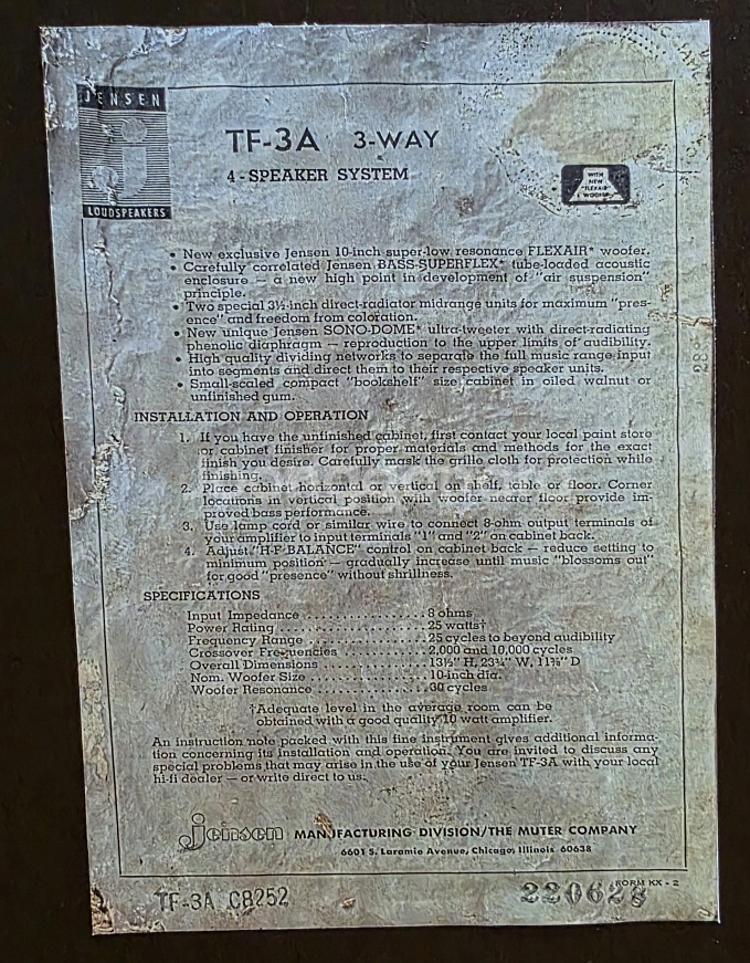 JENSEN 스피커 TF-3A 판매합니다--5