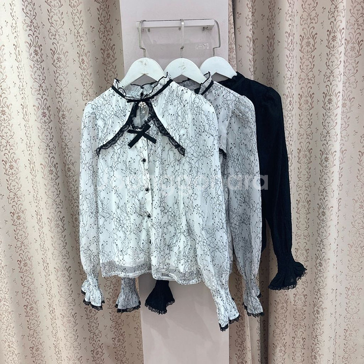 로지타 비쥬 리본 꽃무늬 블라우스 양산형지뢰계리즈리사마--3