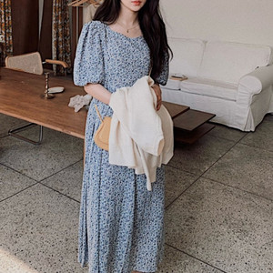 플라워 퍼프 롱 원피스 새상품