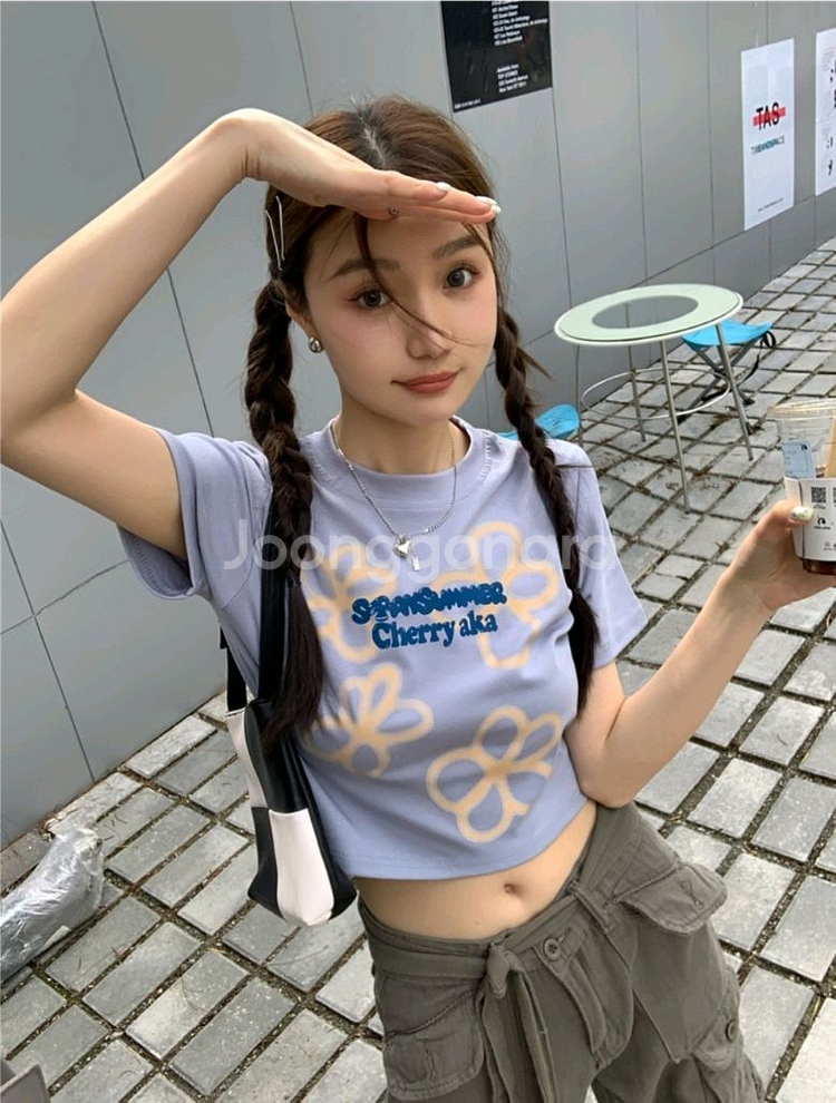 나염 플라워 프린팅 크롭 반팔티--0