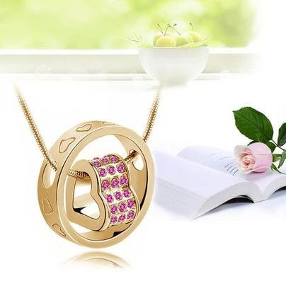 새 핑크색 18K 크리스탈 여성 목걸이 라인석 하트 이미지