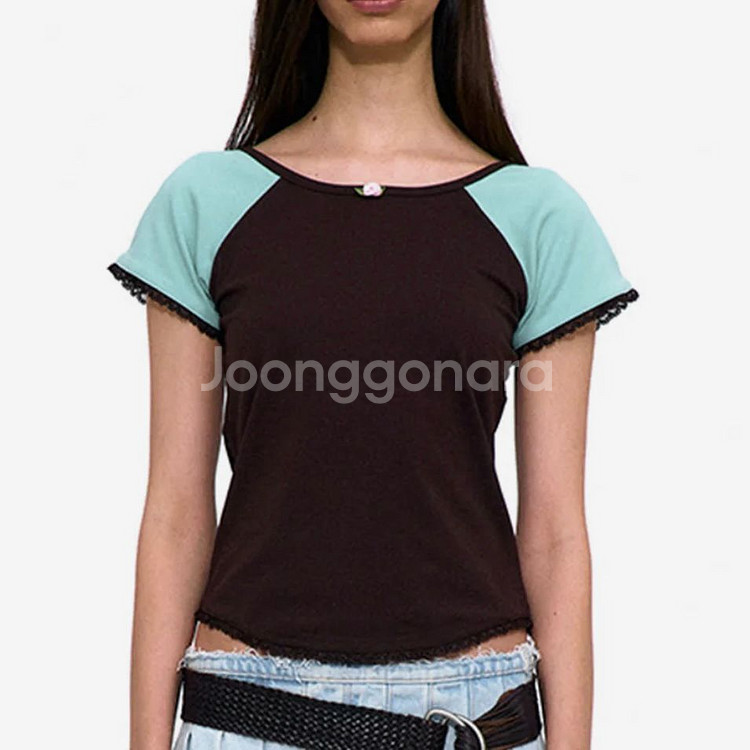 새상품 파르티멘토 우먼 플로럴 레이스 보트넥 티 브라운--0