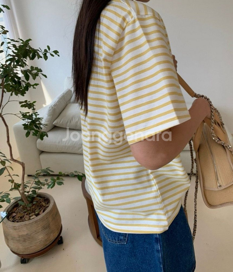 스트라이프 티셔츠 옐로우 새제품--4