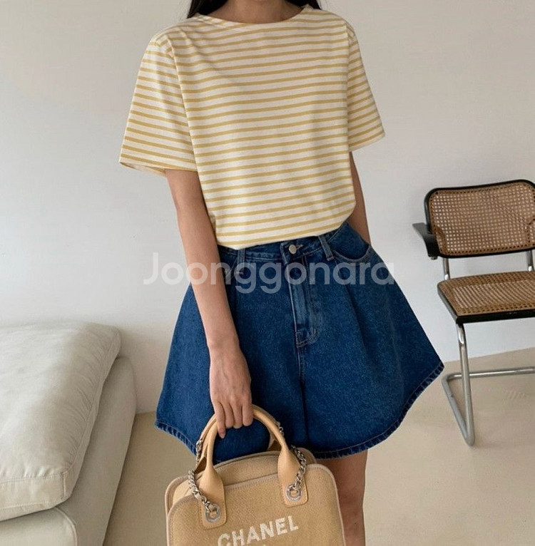 스트라이프 티셔츠 옐로우 새제품--2