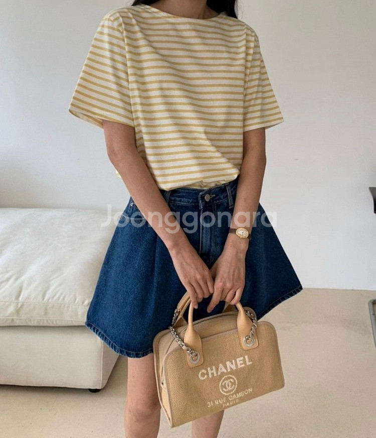 스트라이프 티셔츠 옐로우 새제품--1