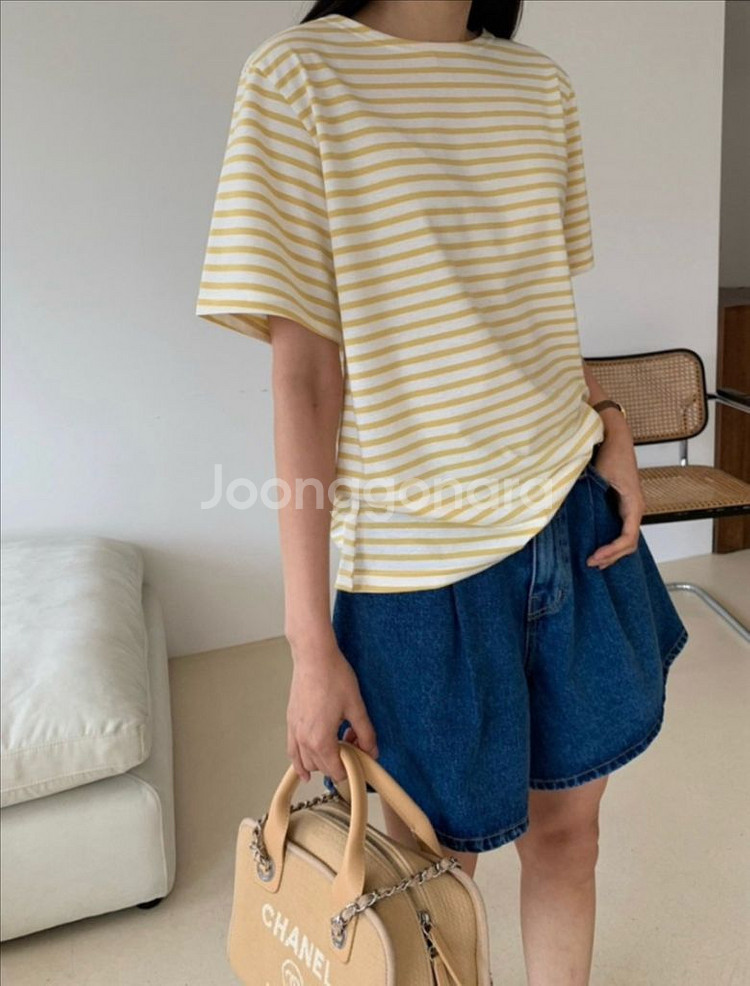 스트라이프 티셔츠 옐로우 새제품--3