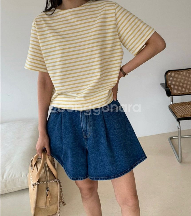 스트라이프 티셔츠 옐로우 새제품--5