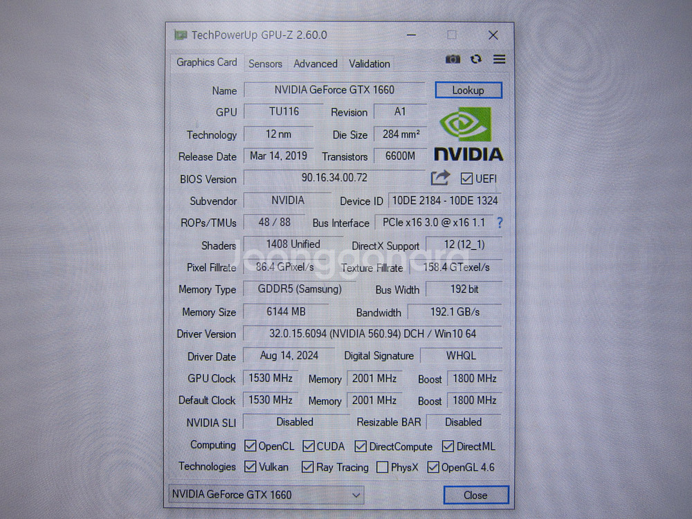 GALAX 지포스 GTX1660 BLACK D D5 6--3